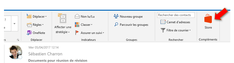 Capture d’écran du bouton Store dans Outlook 2016 pour Windows.