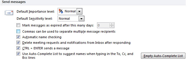 Capture d’écran de la fenêtre Envoi des messages, case Utiliser la liste de saisie semi-automatique pour suggérer des noms lors de la saisie dans les lignes À, Cc et Cci activée.