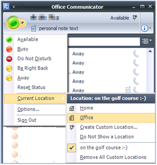 Capture d’écran montrant le paramètre Emplacement dans Office Communicator