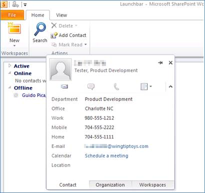 Capture d’écran montrant un contact carte à l’aide de SharePoint Workspace