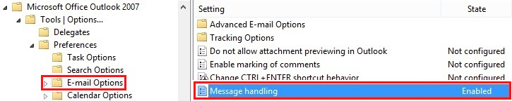 Capture d’écran de lʼoption de stratégie pour Outlook 2007.