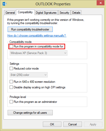 Capture d’écran de l’onglet Compatibilité dans Les propriétés Outlook dans Outlook 2013.