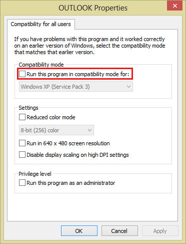 Capture d’écran des paramètres Compatibilité pour tous les utilisateurs dans Outlook 2013.