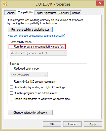 Capture d’écran de l’onglet Compatibilité dans Les propriétés Outlook dans Outlook 2010.