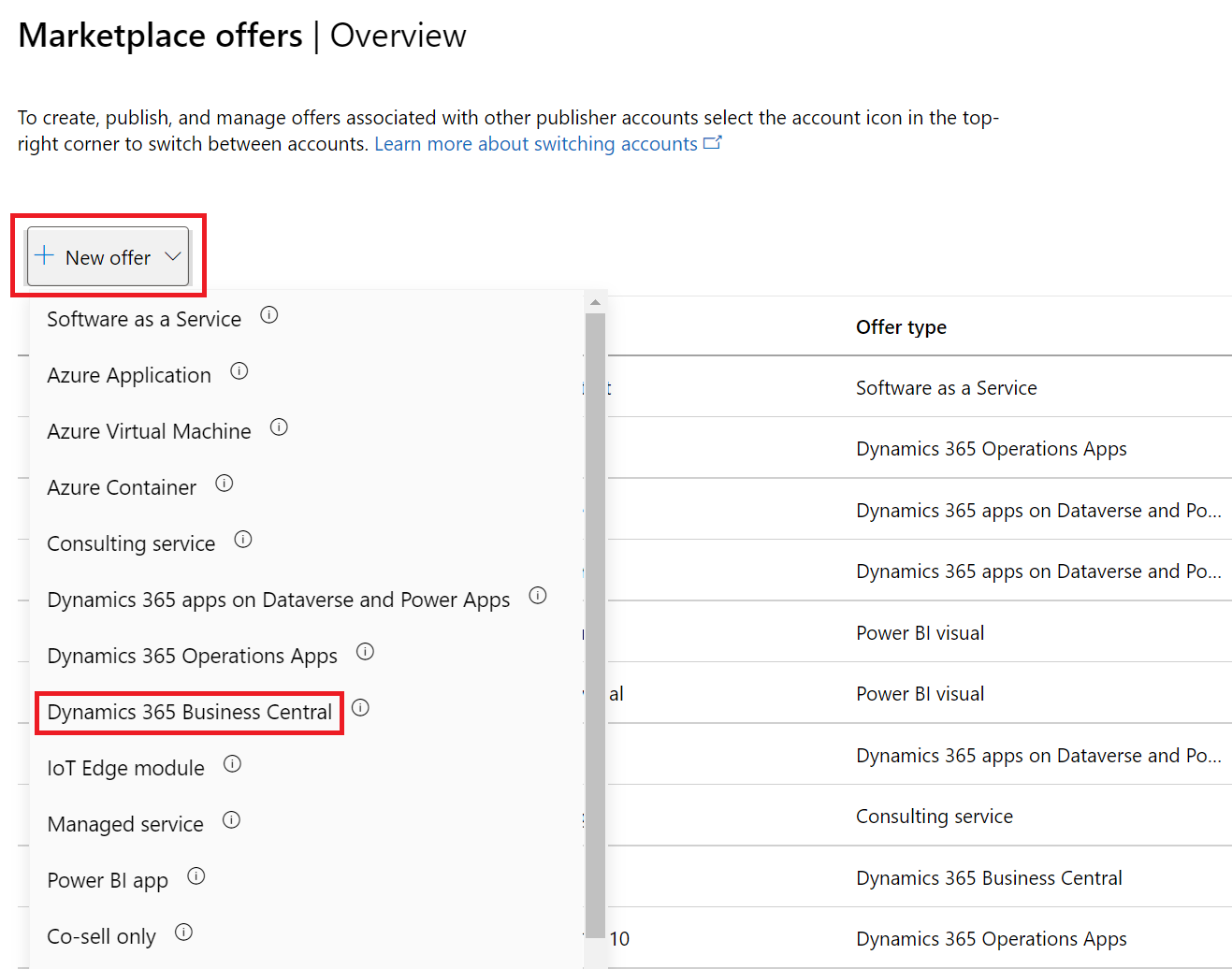 Illustrates the'New offer' button. The Dynamics 365 Business Central offer type is highlighted.
