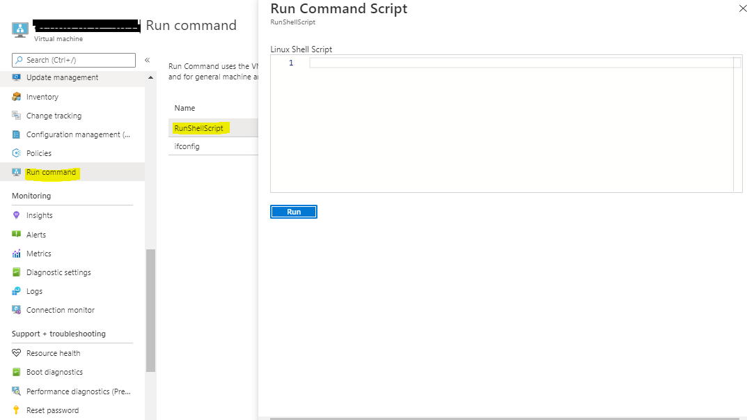 Capture d’écran de la page « Script Run Command » sur le portail Azure.