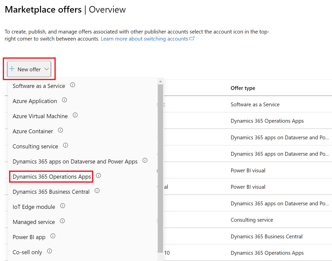 Capture d’écran du bouton « Nouvelle offre » sur la page des offres de la Place de marché, mettant en évidence le type d’offre Dynamics 365 Operations Apps.