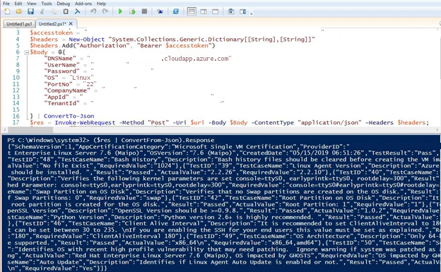 Screen example for calling the API in PowerShell.