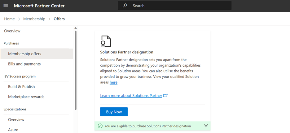 Capture d’écran de la page d’éligibilité de la désignation de partenaire Solutions.