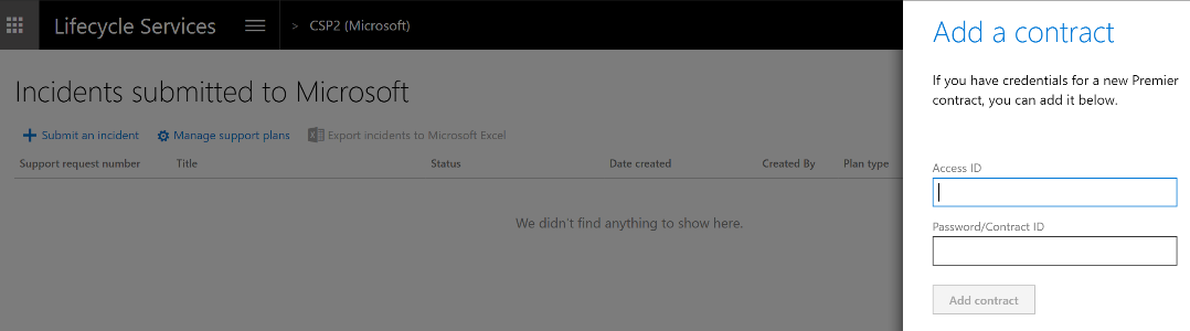 Capture d’écran du menu volant Ajouter un contrat dans la page Incidents soumis à Microsoft.