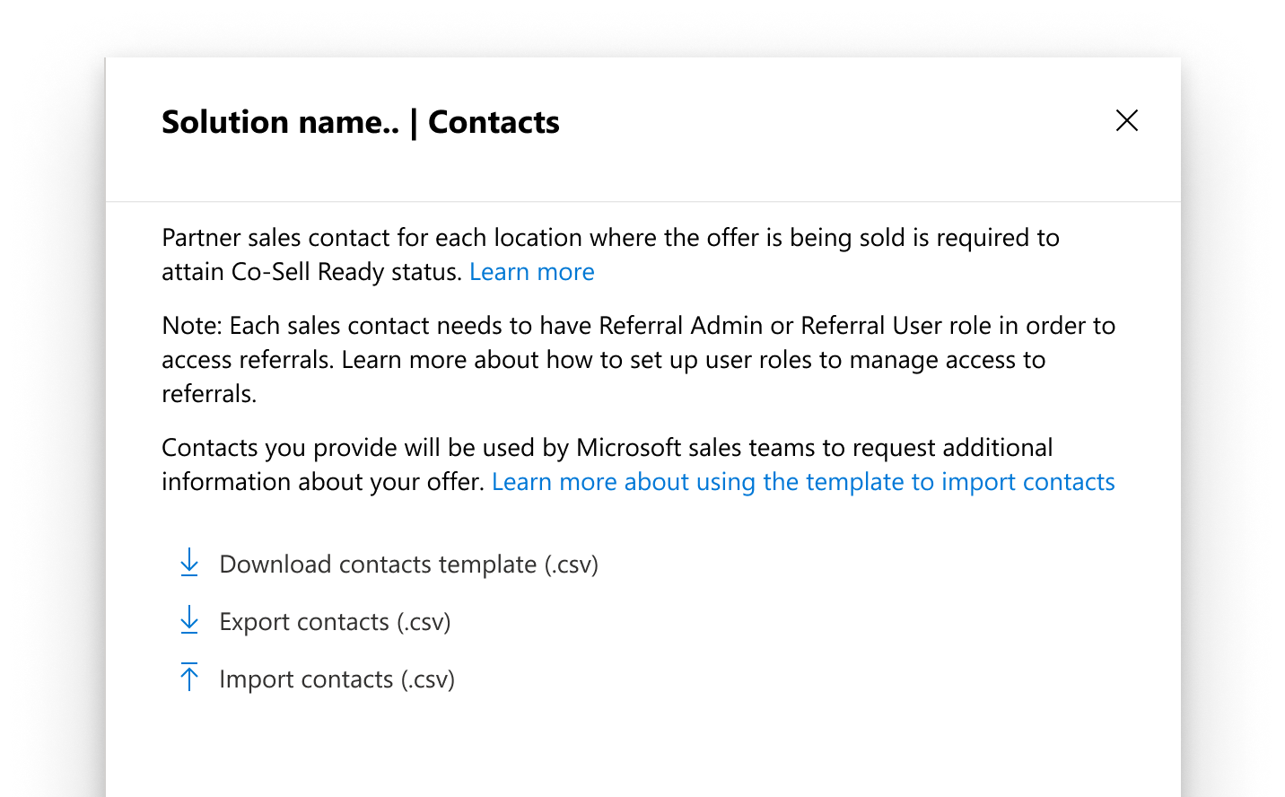  Capture d’écran montrant la section Contacts des formulaires Solutions de co-vente > .