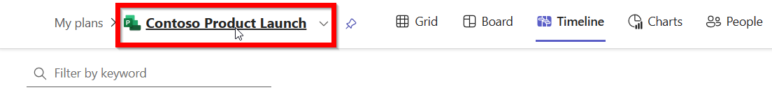Capture d’écran du lien de titre du projet qui ouvre le volet d’informations du projet.