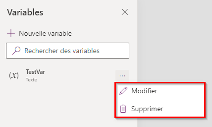 Capture d’écran des options de variable Modifier et Supprimer dans le concepteur de cartes.