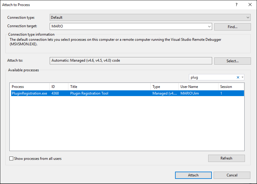 Boîte de dialogue Visual Studio Attacher au processus.
