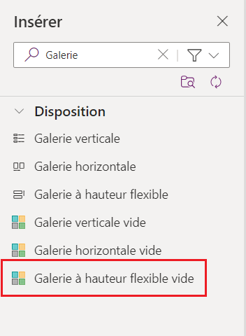 Capture d’écran de Power Apps Studio avec une galerie vide à hauteur flexible mise en surbrillance