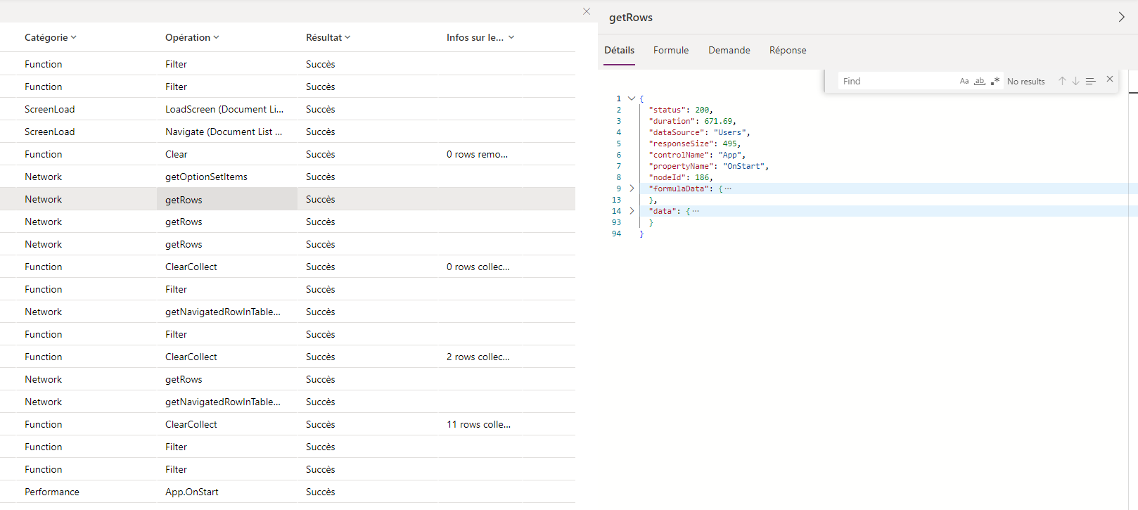 Une capture d’écran de Power Apps montrant les détails JSON d’un élément sélectionné dans la grille d’événements