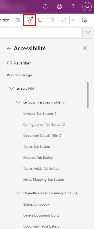 Une capture d’écran de Power Apps montrant l’icône Vérificateur d’applications mise en évidence