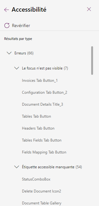 Une capture d’écran de Power Apps montrant les résultats du vérificateur d’accessibilité