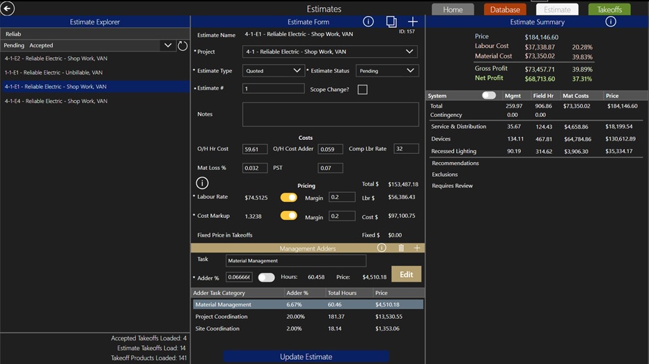 Capture d’écran de l’application d’estimation de projet Reliable Electric.