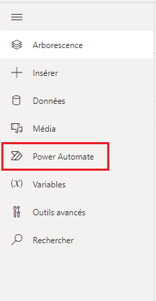 Sélectionner le bouton Oui et sélectionnez Action en haut Sélectionner Power Automate à partir du menu de création d’applications.