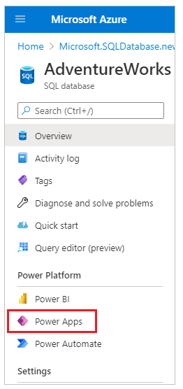 Option Power Apps dans SQL Database Option Power Apps dans les options de la base de données SQL.