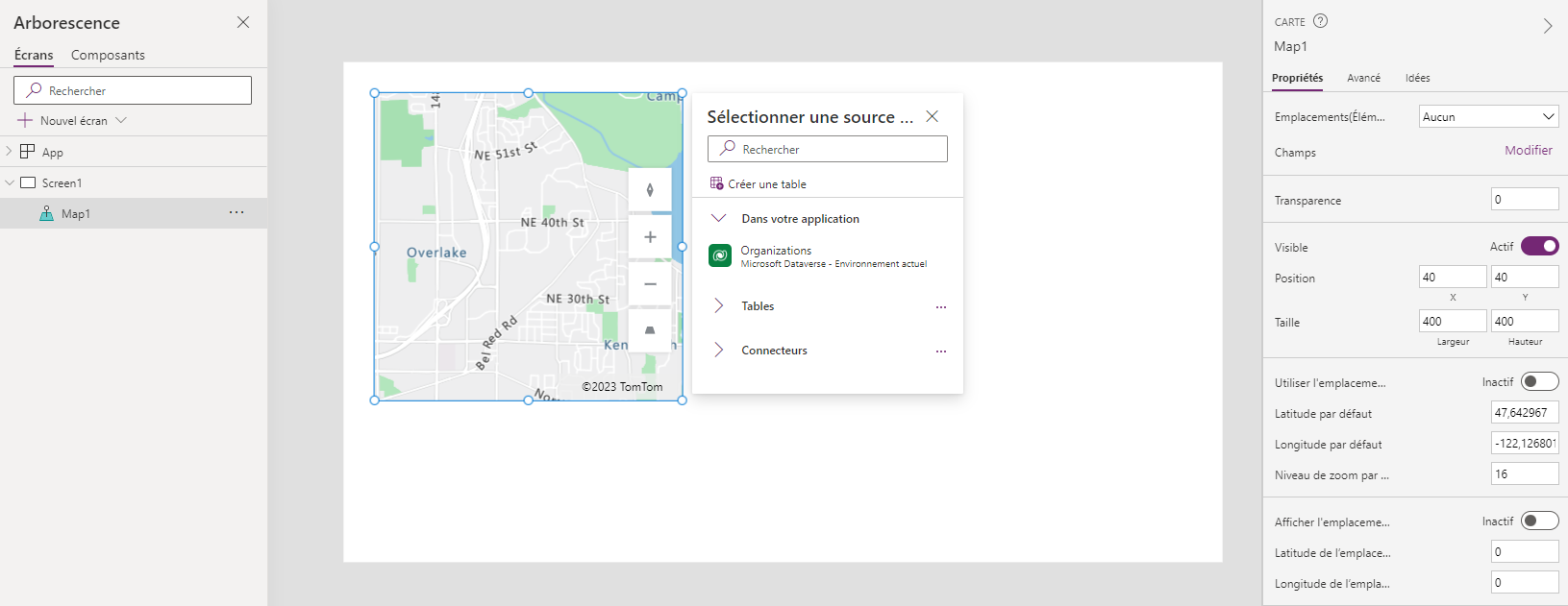 Capture d’écran d’une application pour tablette dans laquelle un contrôle Carte est en cours de construction dans Microsoft Power Apps Studio.