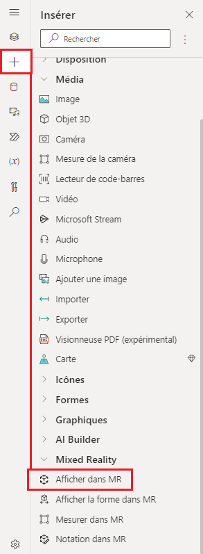 Une capture d’écran de l’onglet Insertion dans Power Apps Studio, indiquant où trouver le contrôle Afficher en RM.