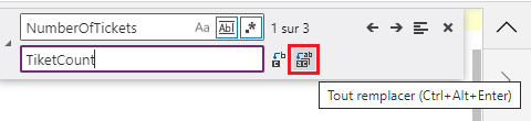 L’icône Replacer tout sur le côté droit du contrôle Find and Replace, après le champ de saisie de texte Replace