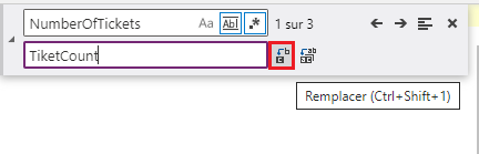 L’icône Replacer sur le côté droit du contrôle Find and Replace, après le champ de saisie de texte Replace