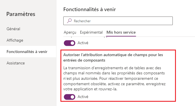 Autoriser l’attribution automatique de champs pour le paramètre des entrées de composants.