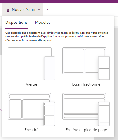 Capture d’écran montrant comment choisir une disposition à partir du menu Nouvel écran