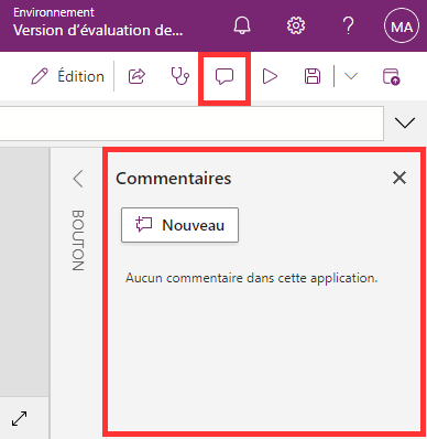 Capture d’écran montrant où se trouve l’action de l’application Commentaires et son menu où vous pouvez ajouter un nouveau commentaire.