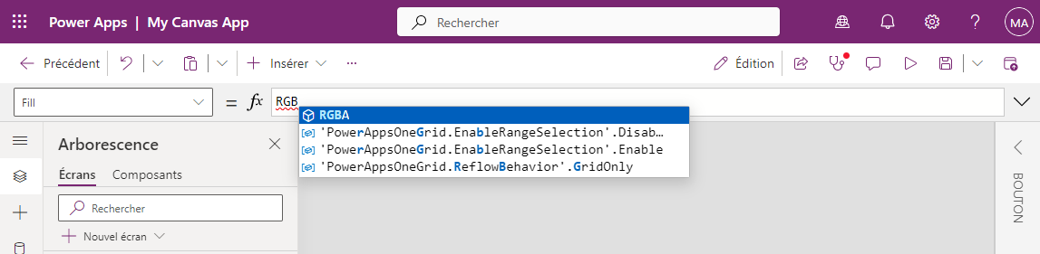 Capture d’écran montrant la barre de formule avec IntelliSense en action lors de la saisie.