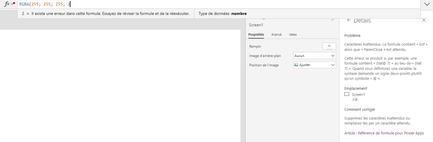 Capture d’écran montrant les erreurs de formule affichées à l’aide du vérificateur d’applications.