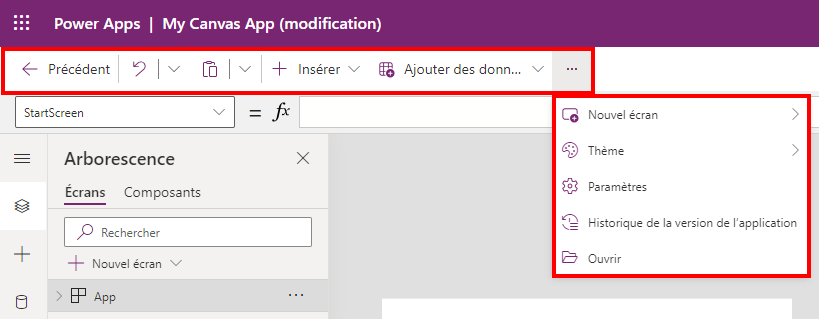 Capture d’écran montrant le menu de la barre de commandes avec de nombreuses options de développement.