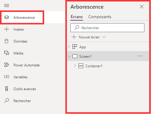 Capture d’écran montrant le volet Arborescence lorsque vous sélectionnez Arborescence dans le menu de création.