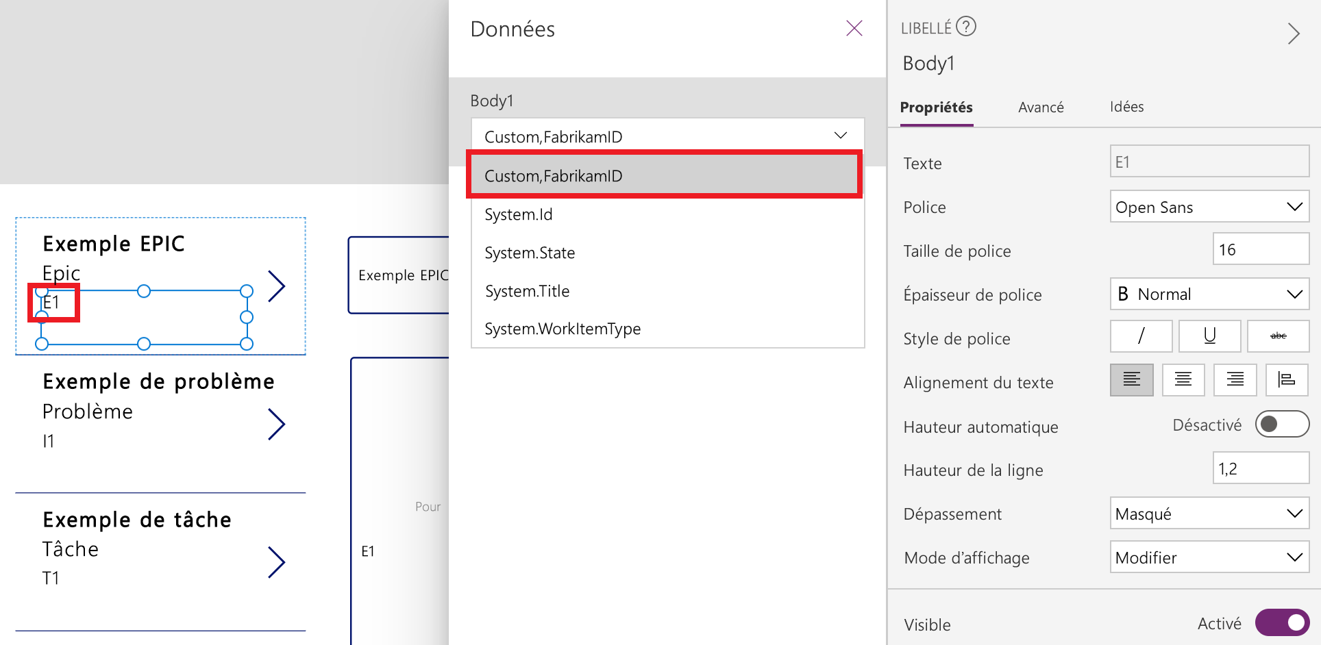 Exemple d’ID Fabrikam capturé via la fonctionnalité de schéma dynamique.