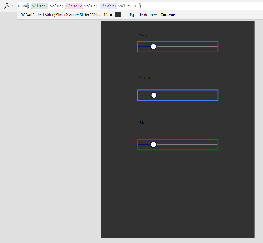 Modification en cours de la formule pour la couleur de remplissage de l’arrière-plan de l’écran.