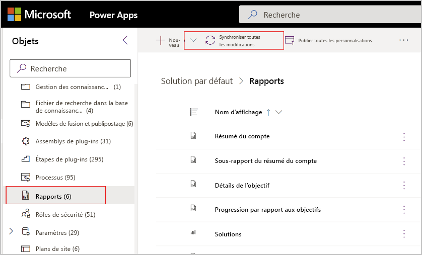 Capture d’écran montrant le bouton Synchroniser toutes les modifications de la solution par défaut.