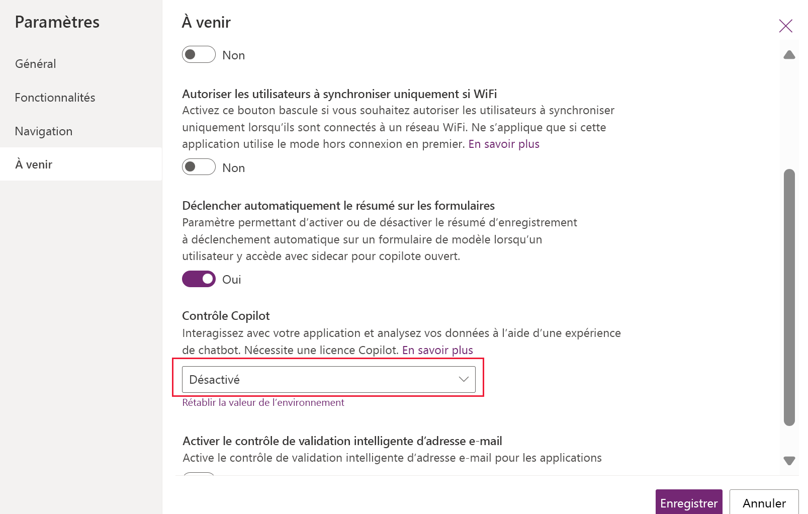 Désactivez le contrôle du copilote dans votre application de modèle