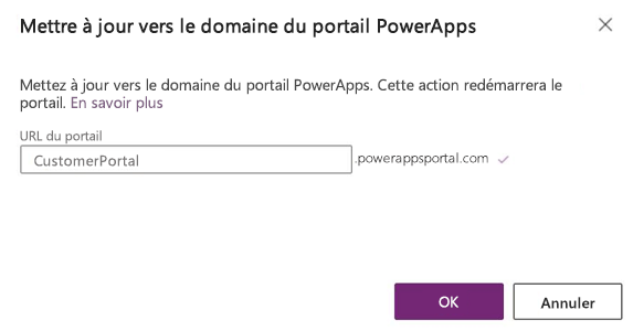 Mettre à jour vers le domaine de portail Power Apps - URL du portail.