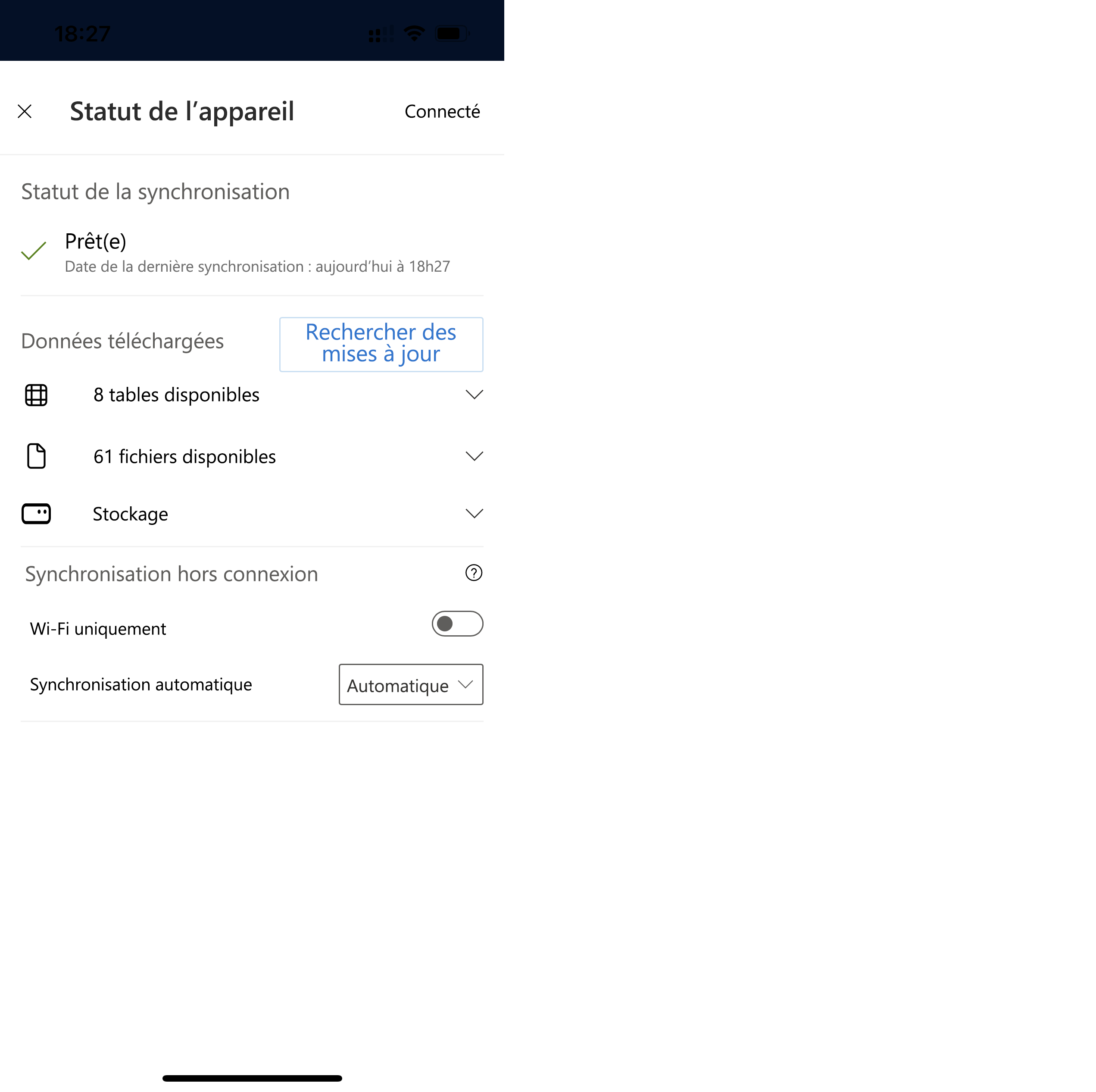 Page d’état d’une application mobile affichant les paramètres de synchronisation.