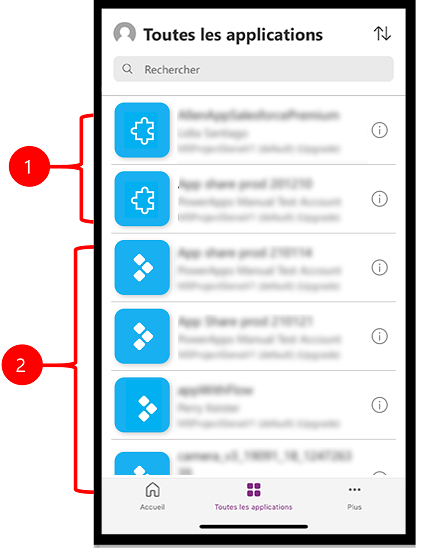 Interface utilisateur Power Apps Mobile avec des applications pilotées par modèle et canevas.