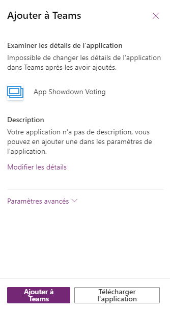 Volet Ajouter à Teams