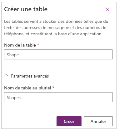 Créer une table.