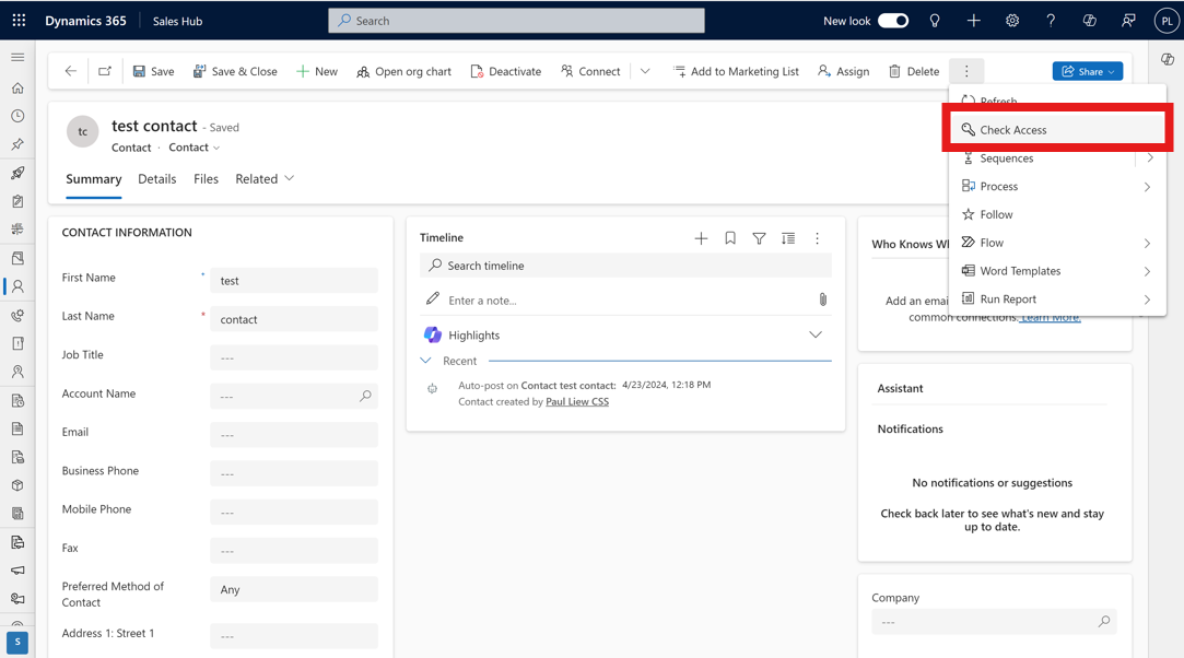 Capture d’écran illustrant le bouton Vérifier l’accès.