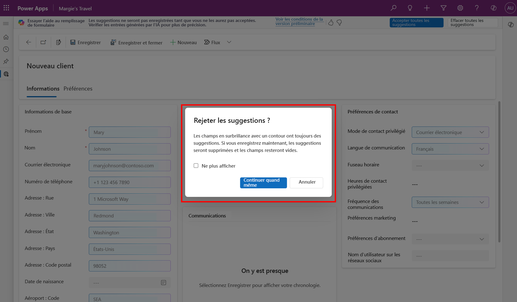 Capture d’écran montrant la requête pour ignorer les suggestions.