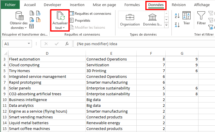 Actualiser les données de votre application dans Excel.
