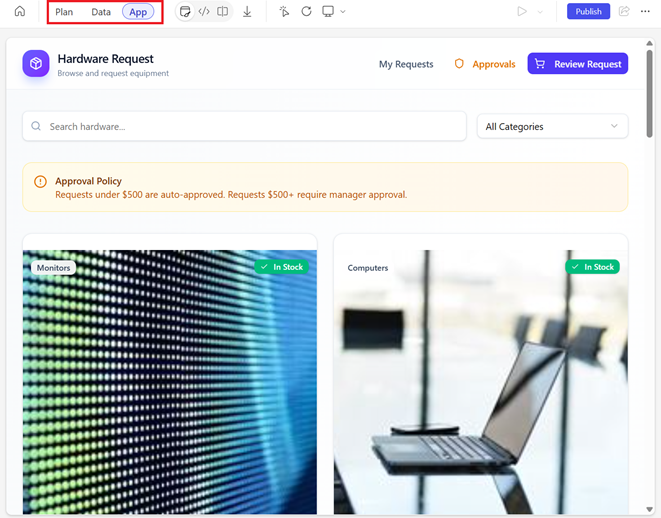 Capture d’écran des options du menu Plan, Données et Application dans l’espace de travail.