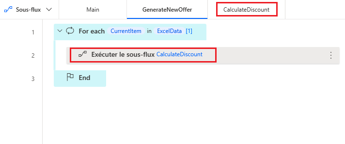 Capture d’écran d’une action déployée Exécuter le sous-flux.